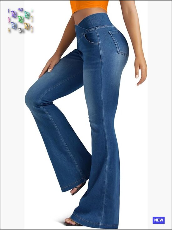 Denim - Knit Stretchy Crossover High Waisted Flare Bell Bottom Jeans with Pockets